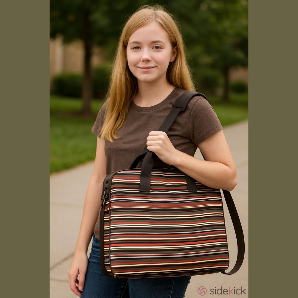 Laptop Briefcase Messenger Bag Brown Red Striped Padded Computer Bag - Picture 2 of 4